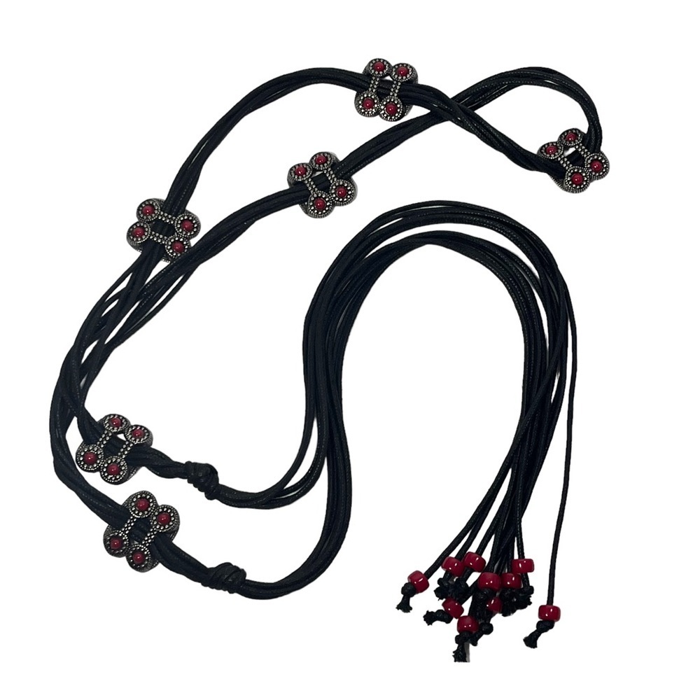 Western Womens Tie‎ Belt Black Hip Waist Antique Silver Metal Concho Red Beads